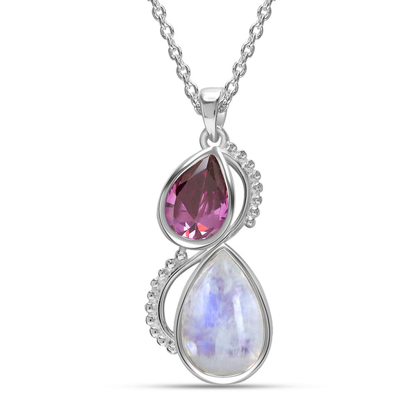 925 Sterling Silver Teardrop Amethyst Rainbow Moonstone Pendant Necklace for Women