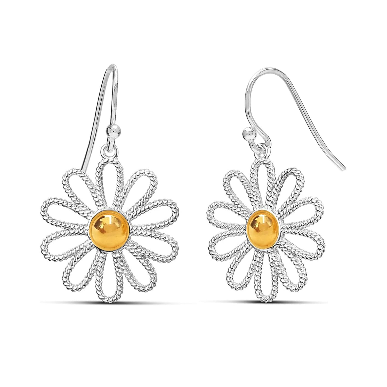 925 Sterling Silve 14K Gold-Plated Two-Tone Medium Dainty Daisy Flower Drop Dangle Earrings for Women