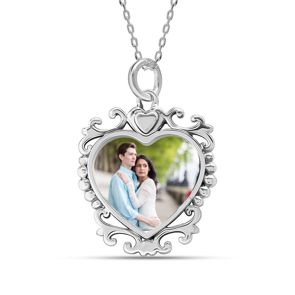 925 Sterling Silver Personalised Double Sided Custom Photo Heart Shape Filigree Border Transparent Resin Pendant Necklace for Teen Women