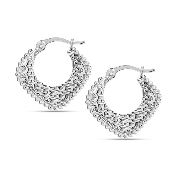 925 Sterling Silver Small Beaded Square Shape Textured Click-Top Hoop Earrings for Women Teen