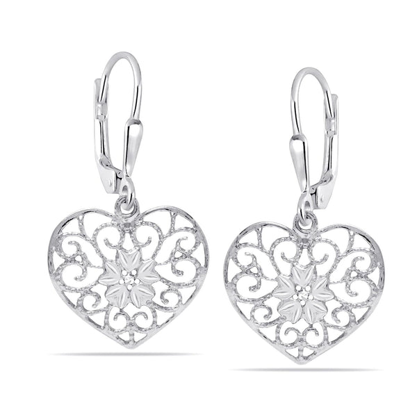 925 Sterling Silver Filigree Heart and Butterfly Floral Design Diamond-Cut Lightweight Leverback Drop Dangle Earrings for Women