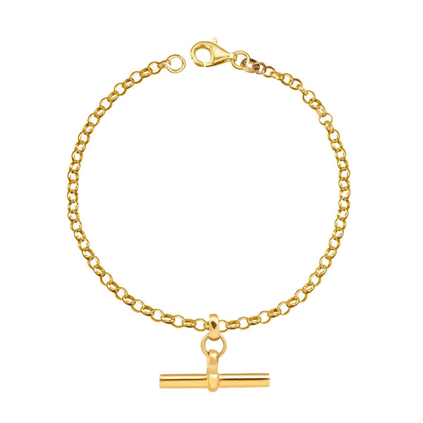 925 Sterling Silver Belcher 14K Gold-Plated T-Bar Charm Rolo Chain Bracelet for Women