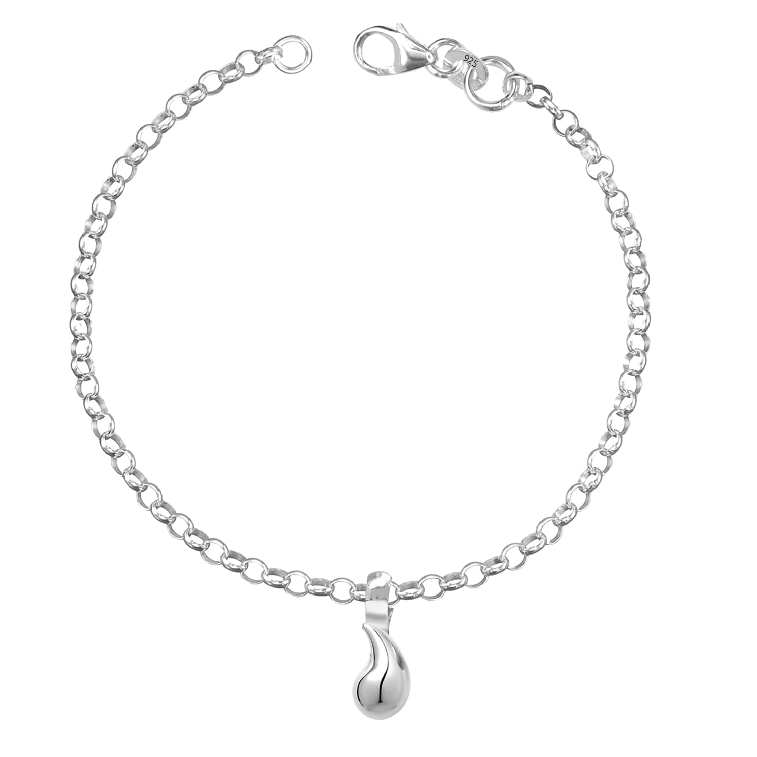 925 Sterling Silver Teardrop Charm Rolo Pear Shape Link Bracelet for Women