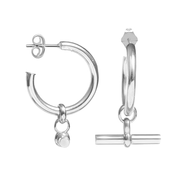 925 Sterling Silver Small T Bar Charm C-Hoop Earrings for Women