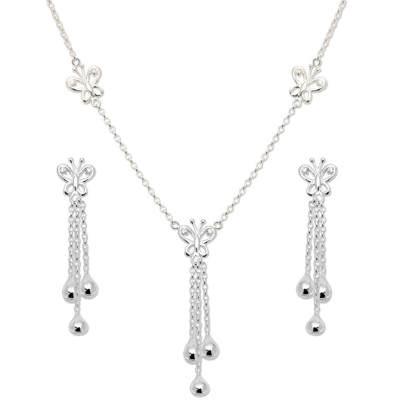 925 Sterling Silver Cubic Zirconia Butterfly With Tassel Drop Necklace Set for Women