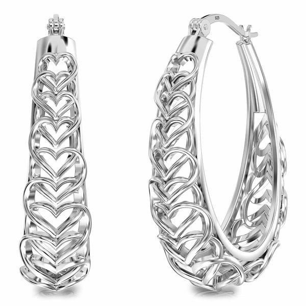 925 Sterling Silver Medium Outline Filigree Love Heart Linked Hoop Earrings for Women