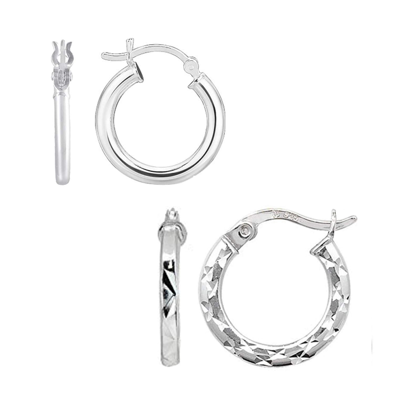 925 Sterling Silver Diamond-Cut Hypoallergenic Trendy 2 Pair Small Click-Top Hoop Earring for Teen Women