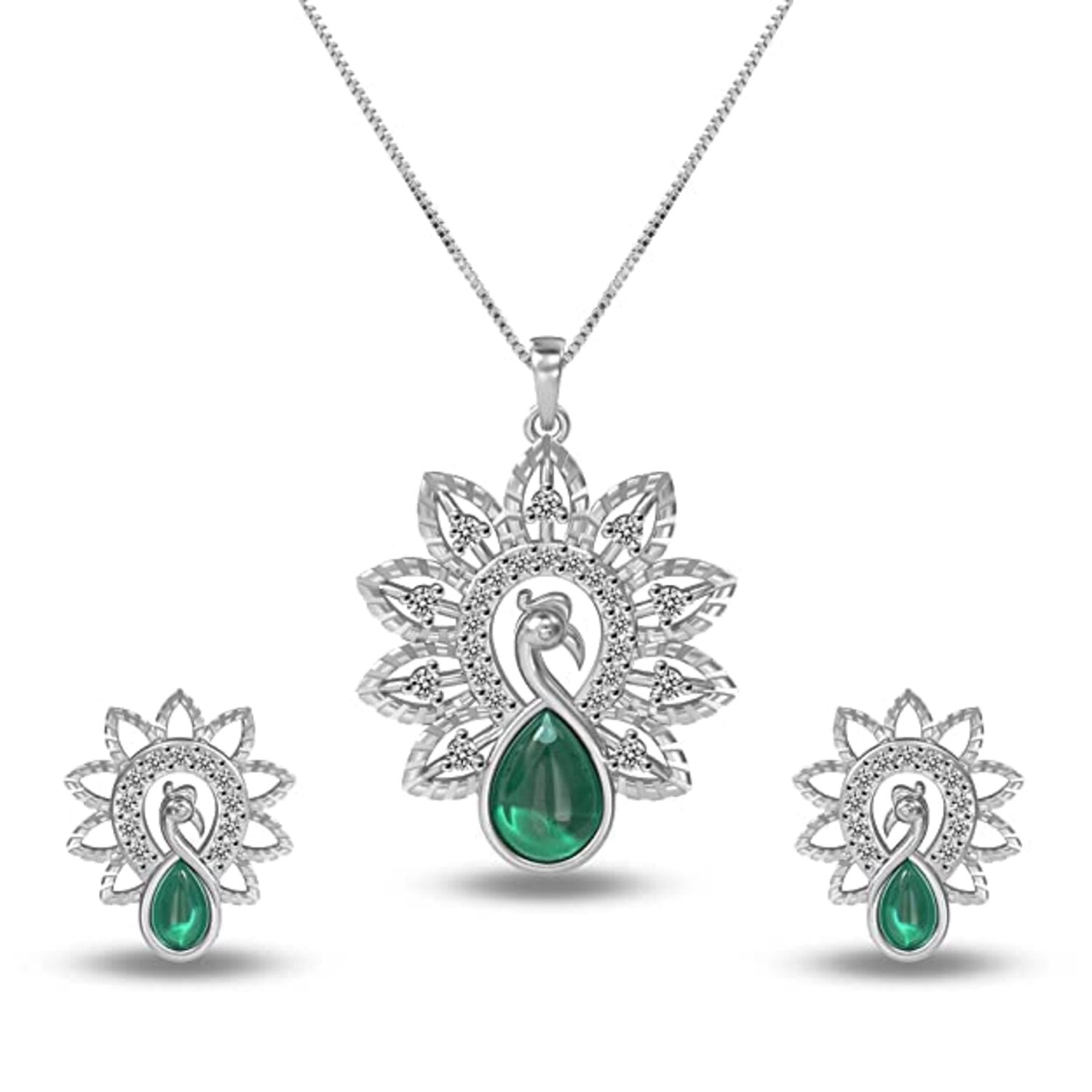 925 Sterling Silver Cubic Zirconia Peacocok Green Onyx Necklace Set for Womens