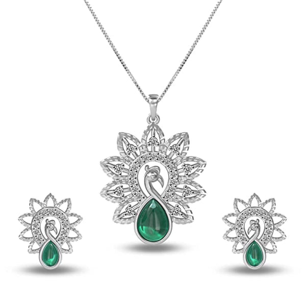 925 Sterling Silver Cubic Zirconia Peacocok Green Onyx Necklace Set for Womens