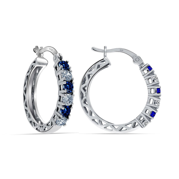 925 Sterling Silver Blue Sapphire and Cubic Zirconia Accent Gemstone Round Click-Top Hoop Earrings for Women