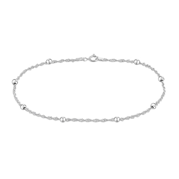 925 Sterling Silver Singapore Beaded Station Chain Beach Summer Anklet for Women and Girls 1PC