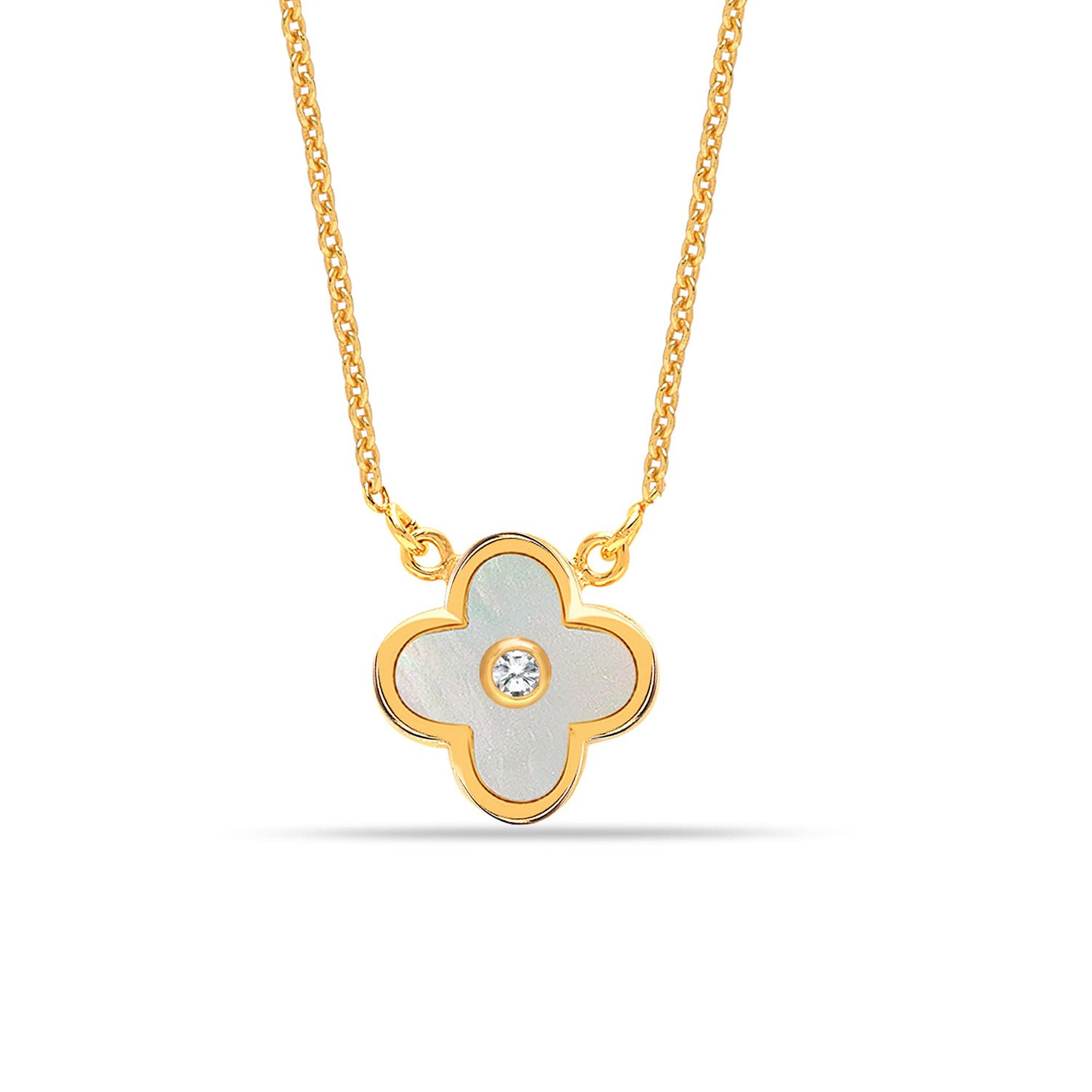 925 Sterling Silver 14K Gold Plated Clover Mother of Pearl Pendant Necklace for Women