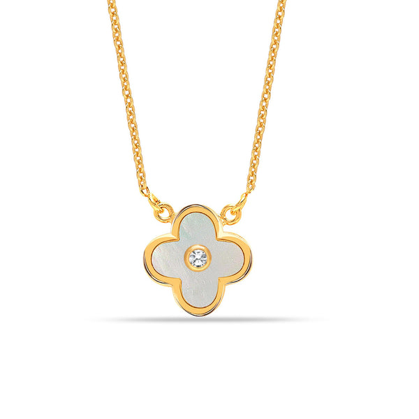 925 Sterling Silver 14K Gold Plated Clover Mother of Pearl Pendant Necklace for Women