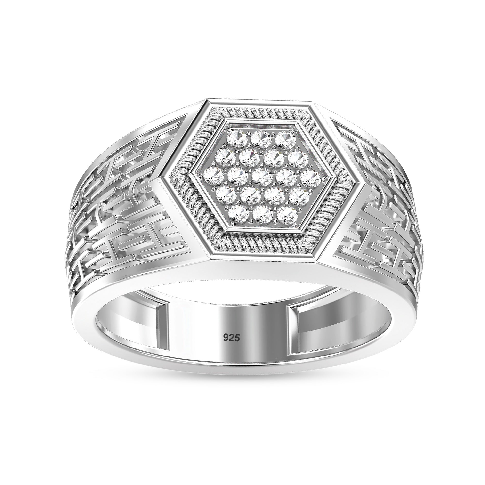 925 Sterling Silver Rhodium Plated Micro Pave Cubic Zirconia Moissanite Wedding Ring for Men