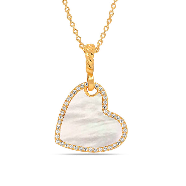 925 Sterling Silver 14K Gold Plated Mother of Pearl Multi Cubic Zirconia Heart Pendant Necklace for Women Teen