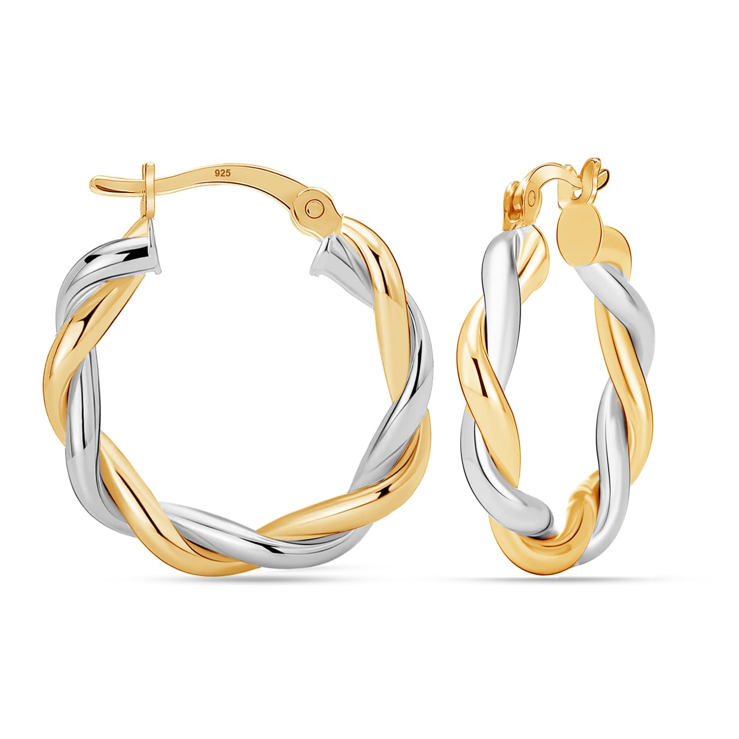 925 Sterling Silver Two-Tone Twisted Round Click-Top Hoop Earrings for Women Teen