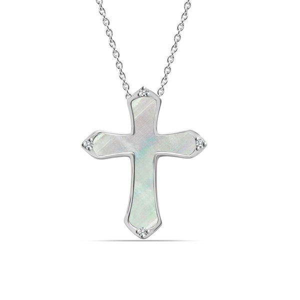 925 Sterling Silver Mother of Pearl Cross Pendant Necklace for Women