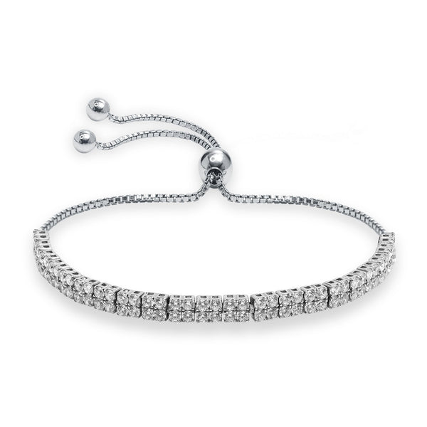 925 Sterling Silver Cubic Zirconia Tennis Double Row Adjustable Bolo Bracelet for Women