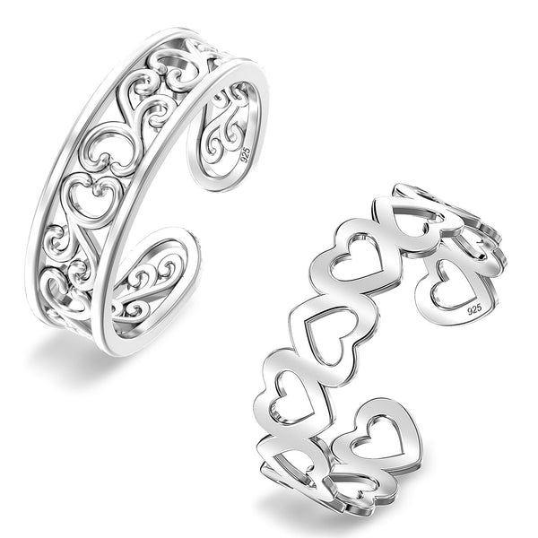 925 Sterling Silver Alternating Open Hearts and Hawaiian Leaf Adjustable Band Toe Rings for Women