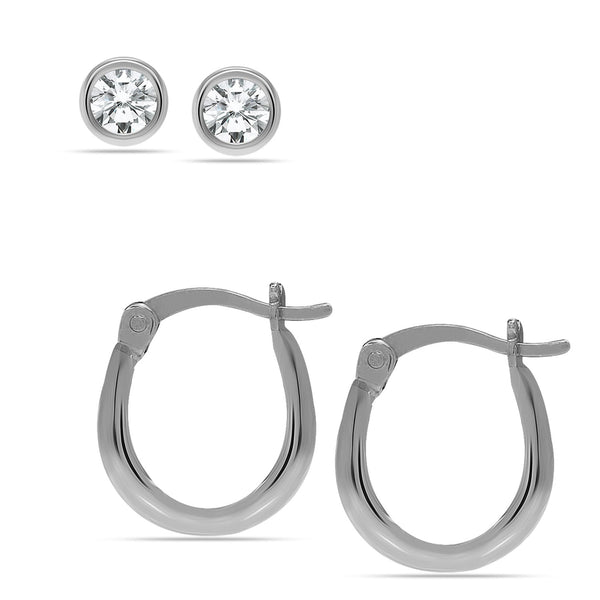 925 Sterling Silver Light Weigh CZ Small Stud and Hoop Earrings for Women Set of 2 Pairs