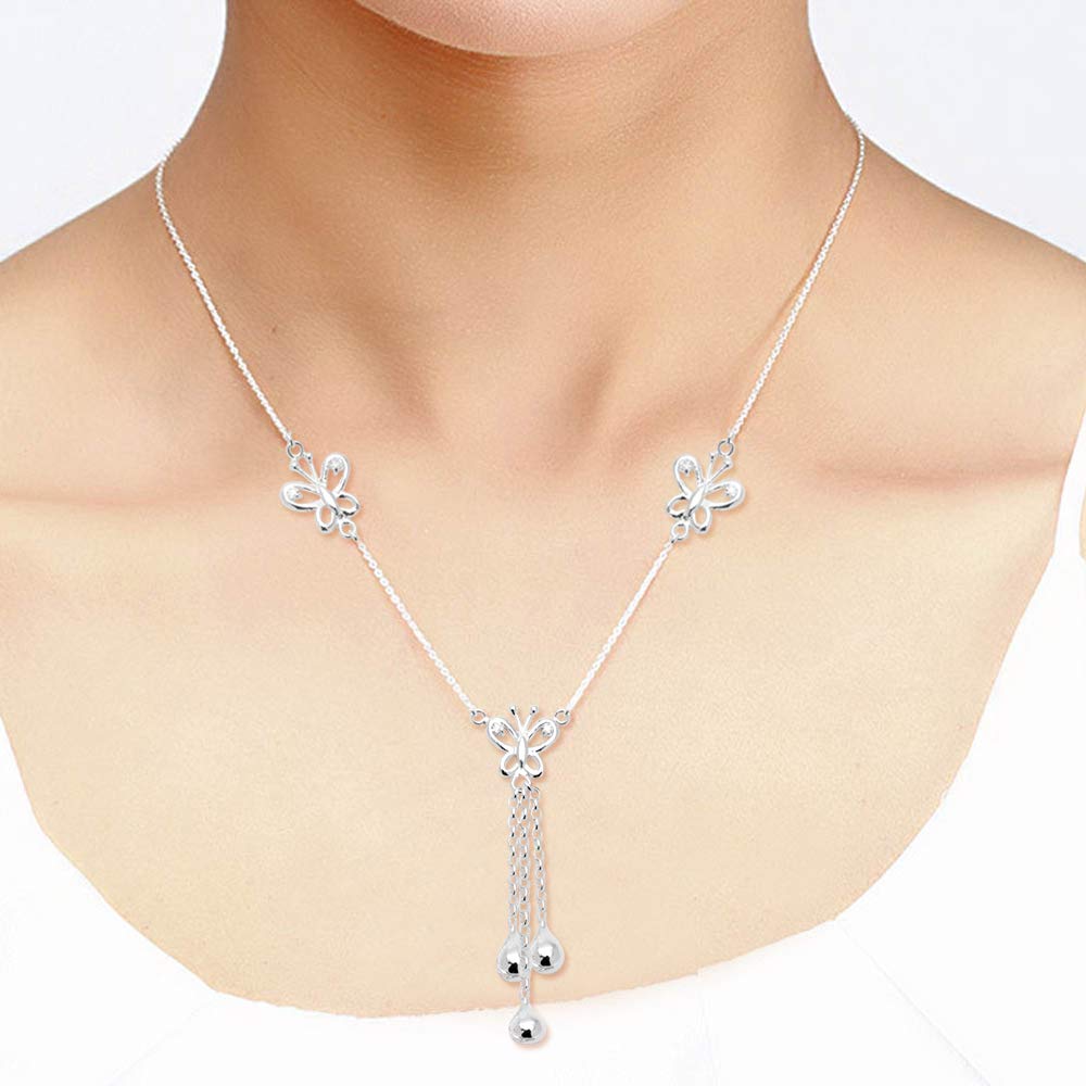 925 Sterling Silver Cubic Zirconia Butterfly With Tassel Drop Necklace Set for Women