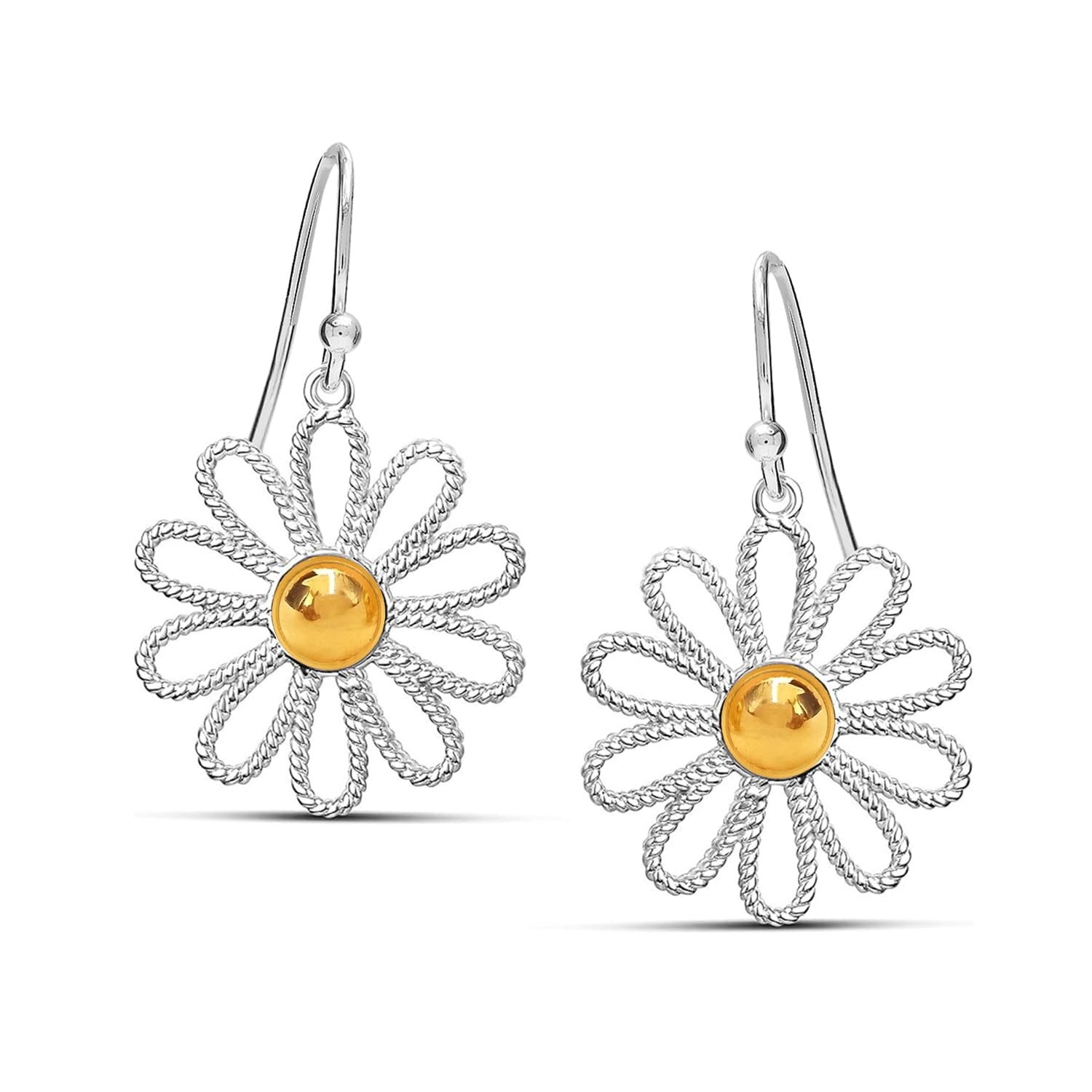 925 Sterling Silve 14K Gold-Plated Two-Tone Medium Dainty Daisy Flower Drop Dangle Earrings for Women