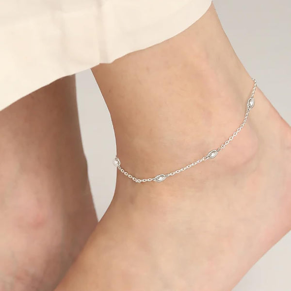 925 Sterling Silver Oval Moon Bead Station Chain Anklets for Women 1 Pc