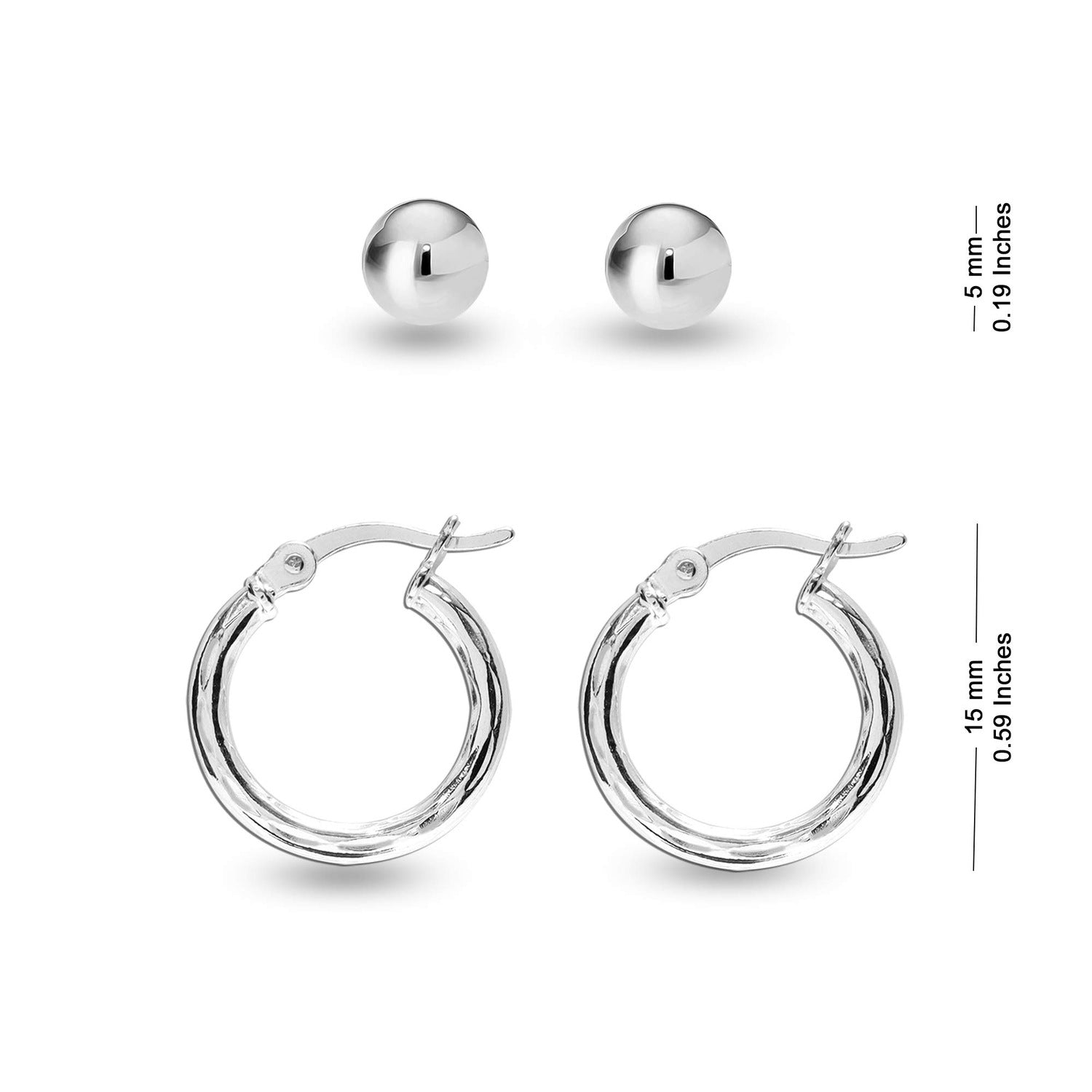 925 Sterling Silver Diamond-Cut Click-Top Small Hoop Ball-Post Stud Earrings For Women Teen Set of 2 Pairs