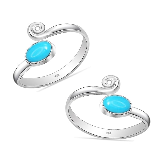 925 Sterling Silver Turquoise Stone Adjustable Elegant and Comfortable Toe Rings for Women