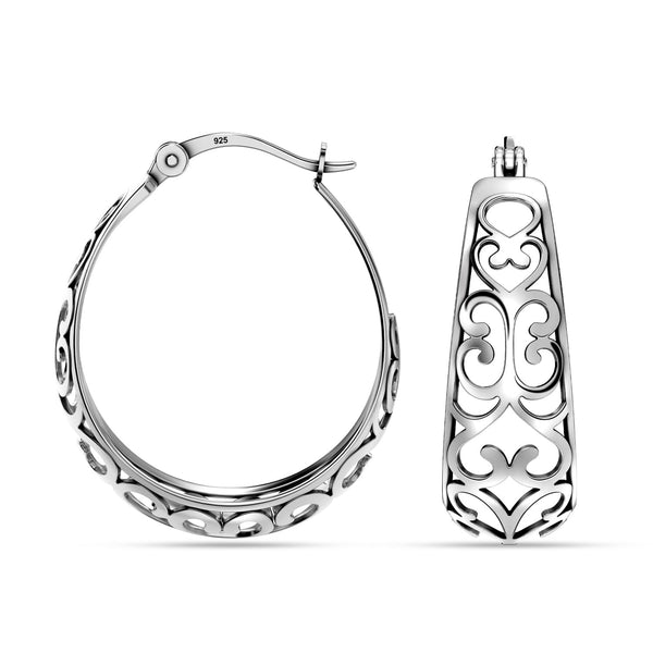 925 Sterling Silver Hypoallergenic Trendy Small Oval Mesh Filigree Heart Click-Top Hoop Earrings for Women