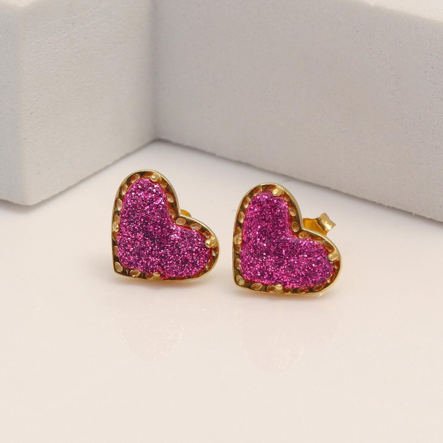 925 Steling Silver 14K Gold-Plated Love Pink Druzy Heart Shaped Stud Earrings for Women