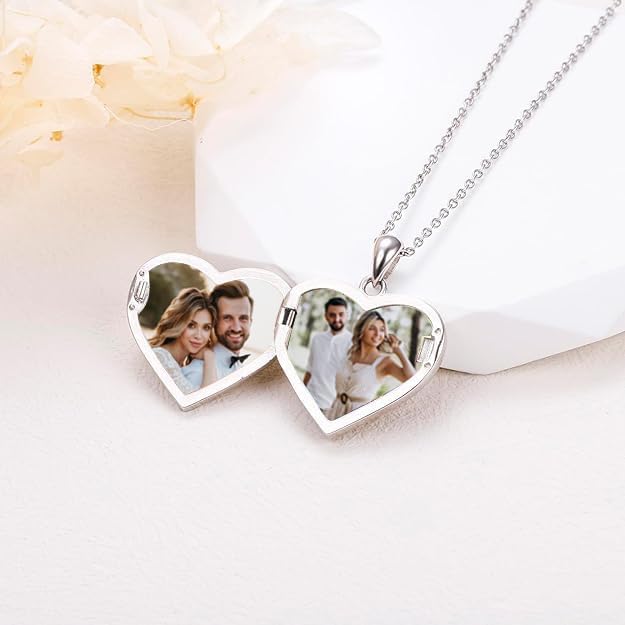 925 Sterling Silver Personalised Openable Heart Couple Photo Name & Message Love Printed Pictures Pendant Necklace for Women