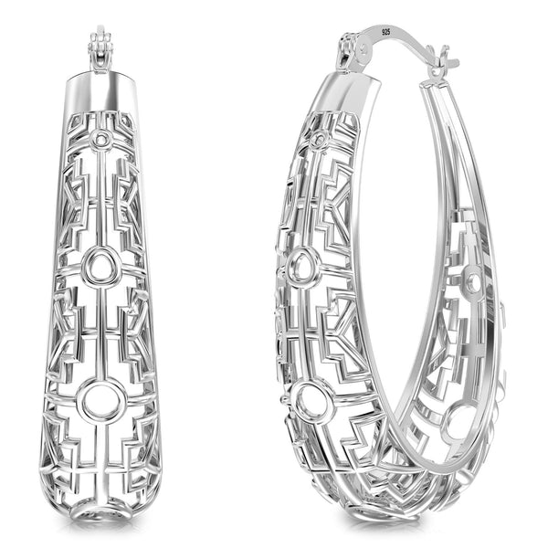 925 Sterling Silver Filigree Mesh Oval Shape Click-Top Hoop Earrings for Women