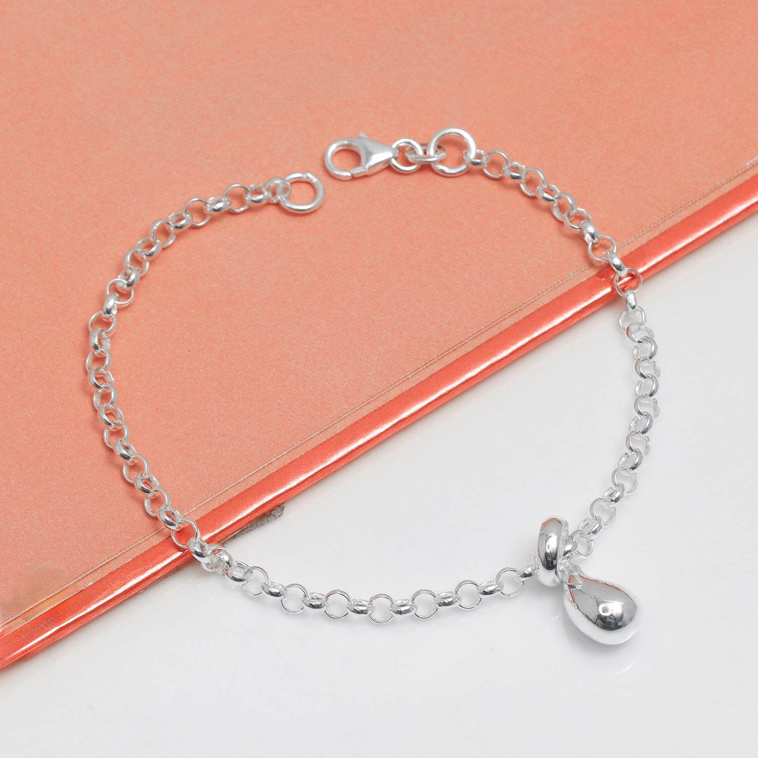 925 Sterling Silver Teardrop Charm Rolo Pear Shape Link Bracelet for Women