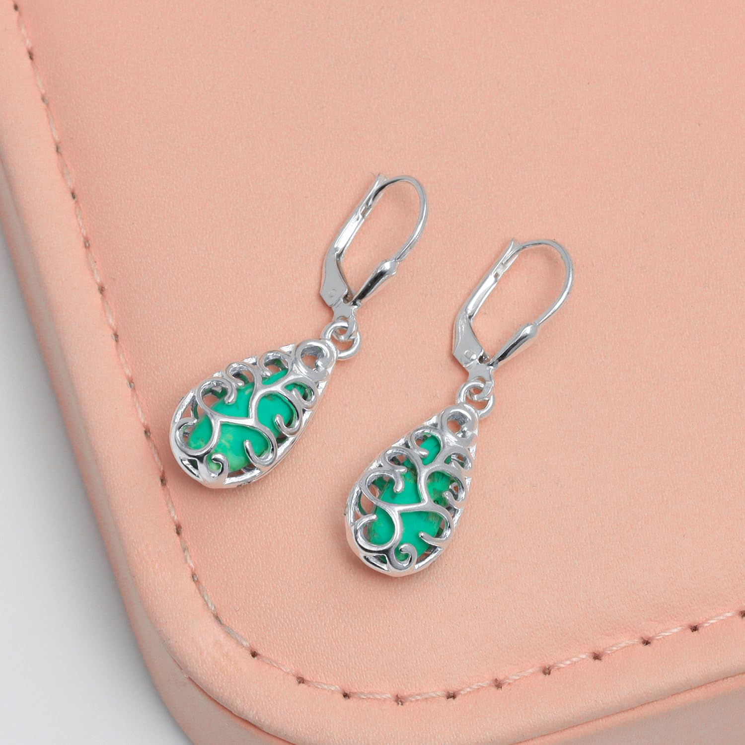 925 Sterling Silve Created Green Turquoise Teardrop Filigree Leverback Drop Dangle Earrings for Women