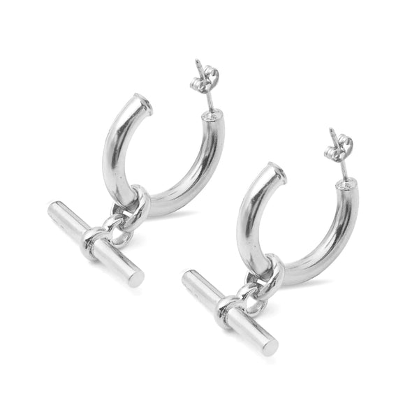 925 Sterling Silver Small T Bar Charm C-Hoop Earrings for Women