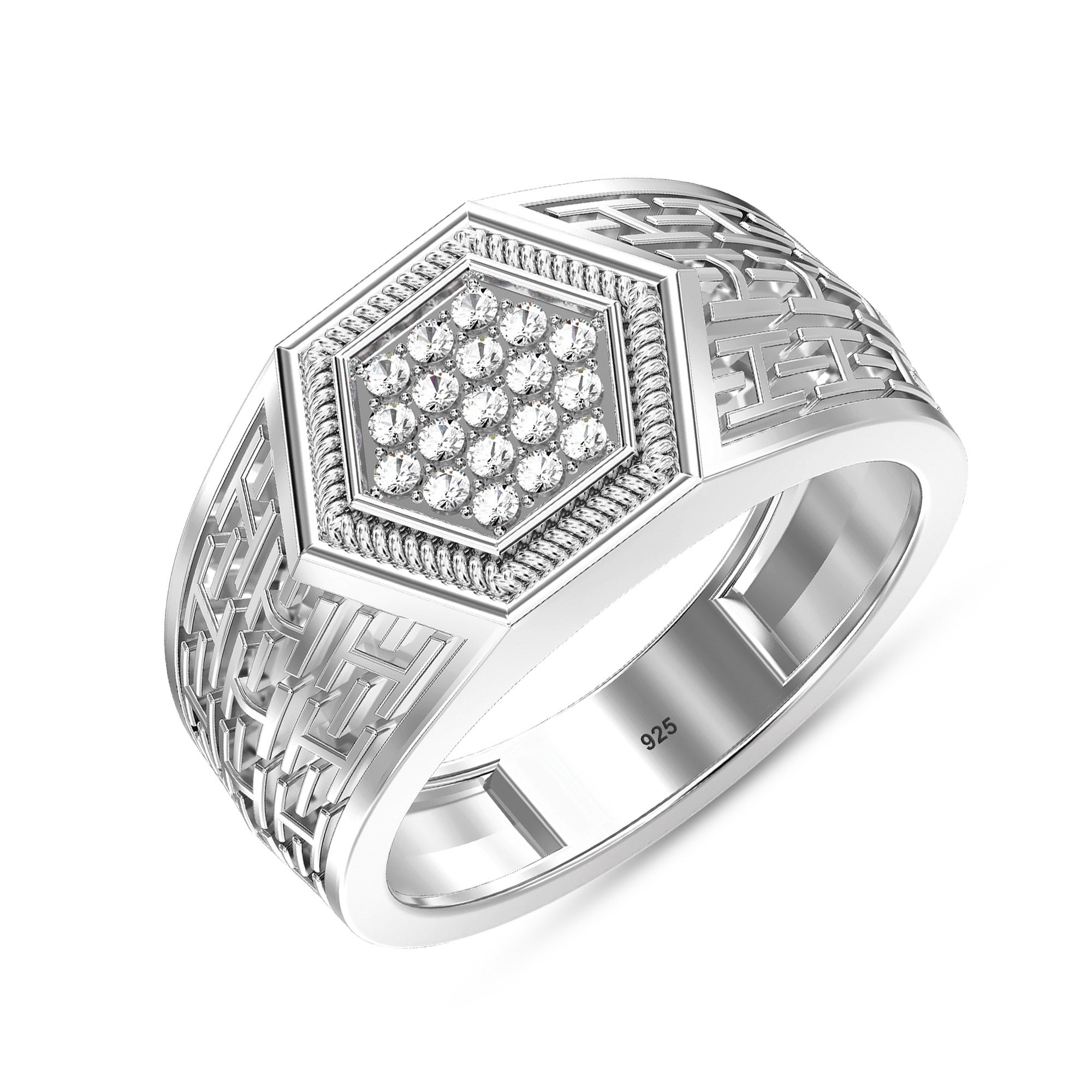 925 Sterling Silver Rhodium Plated Micro Pave Cubic Zirconia Moissanite Wedding Ring for Men