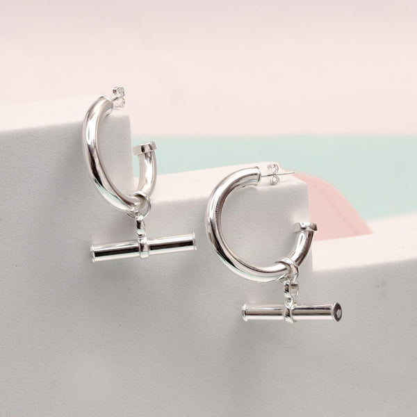 925 Sterling Silver Small T Bar Charm Half Hoop Earrings for Women