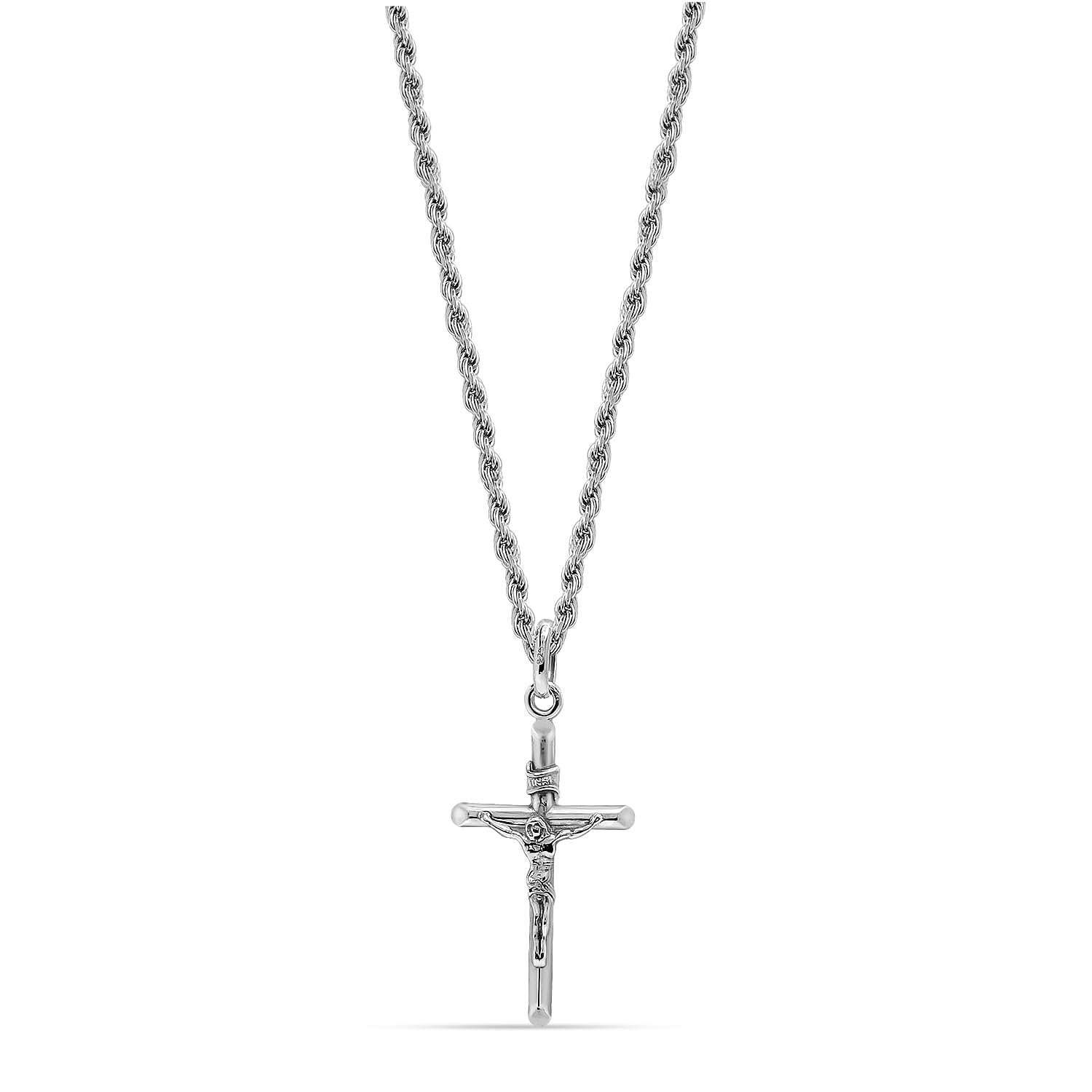 925 Sterling Silver Rhodium Plated Italian Cross Crucifix Rope Chain Pendants Necklace  for Men and Women