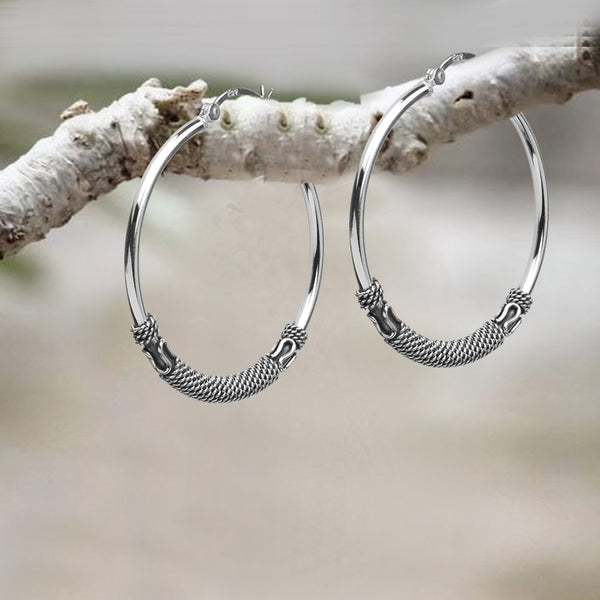 925 Sterling Silver Antique Balinese Large Hoops Earring for Women