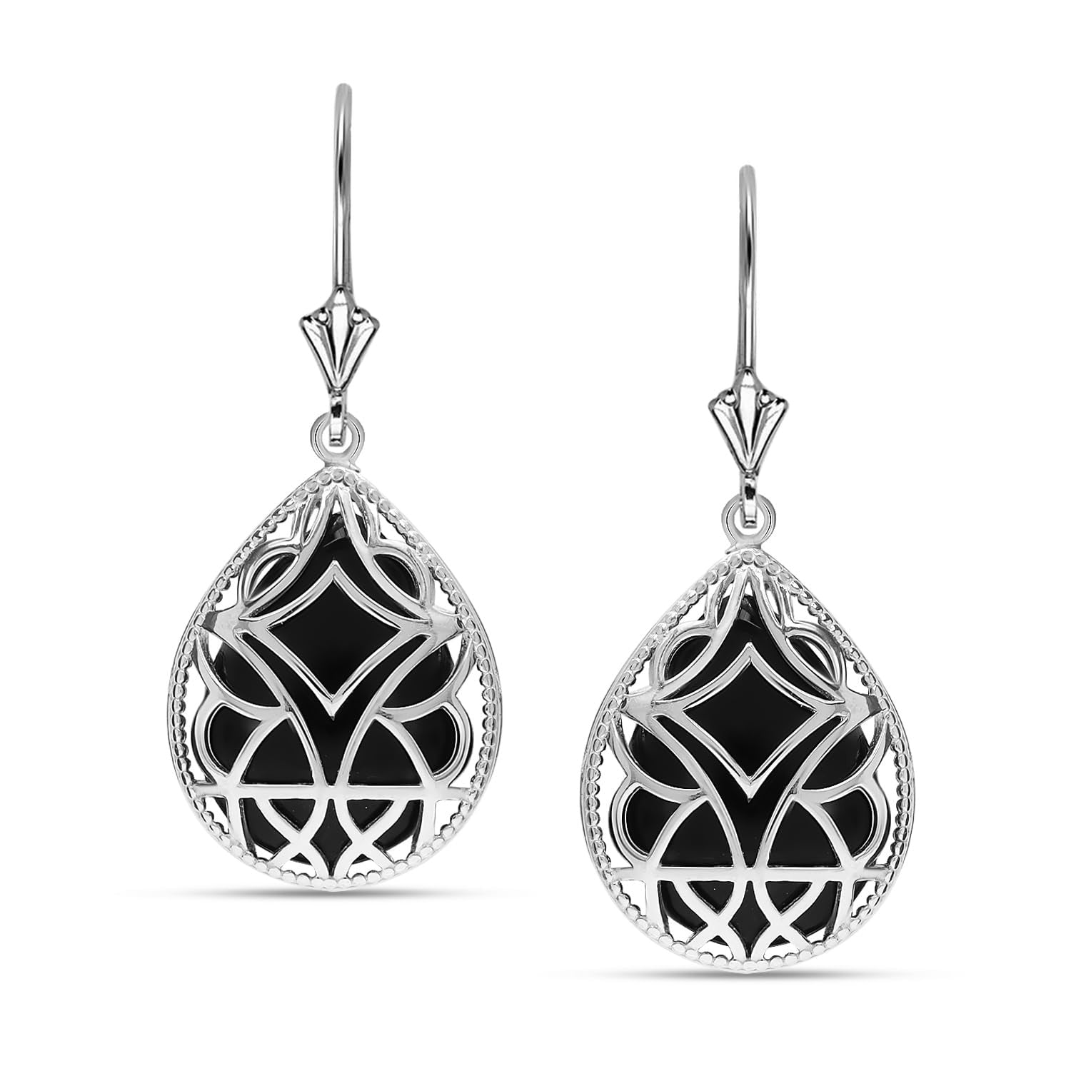 925 Sterling Silver Black Onyx Overlay Pear-Shaped Caged Leverback Drop Dangle Earrings for Women