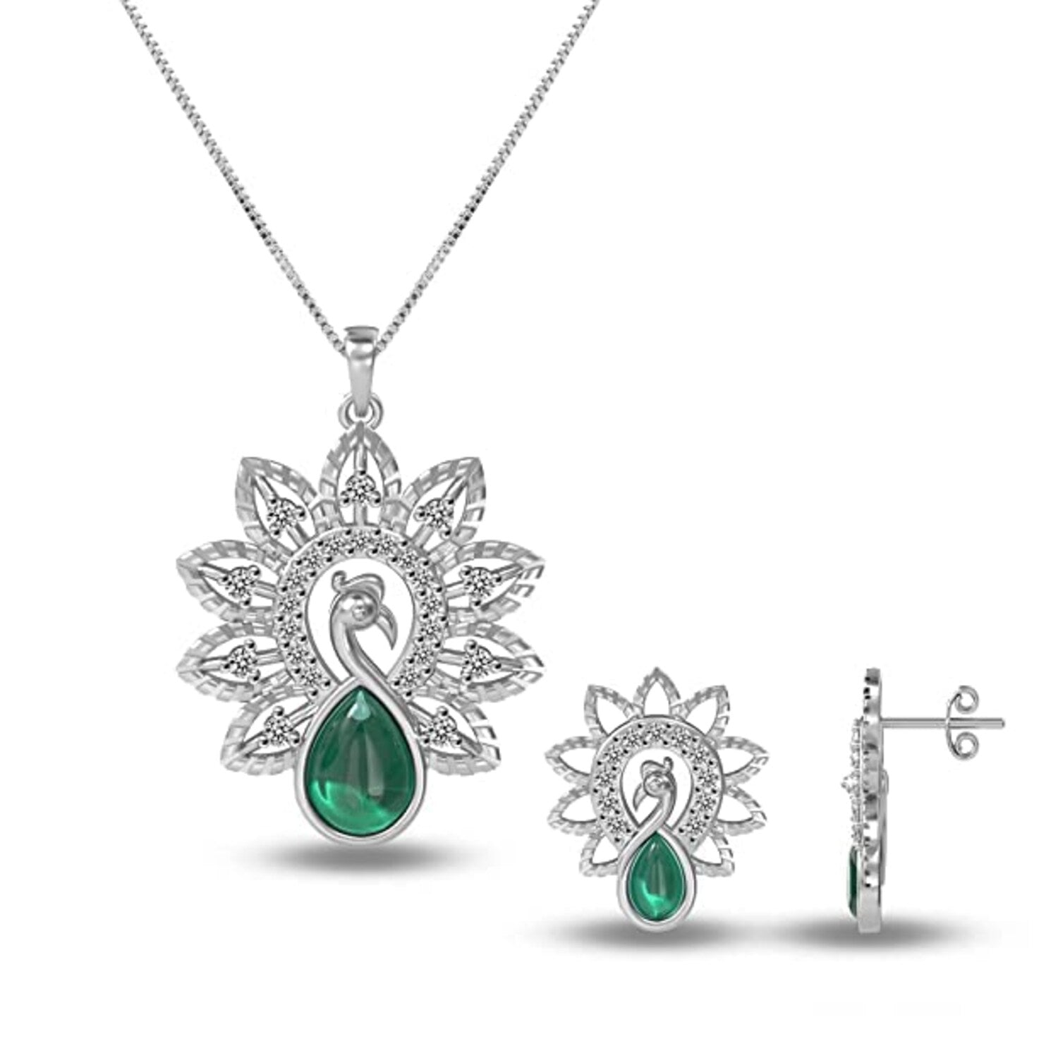 925 Sterling Silver Cubic Zirconia Peacocok Green Onyx Necklace Set for Womens