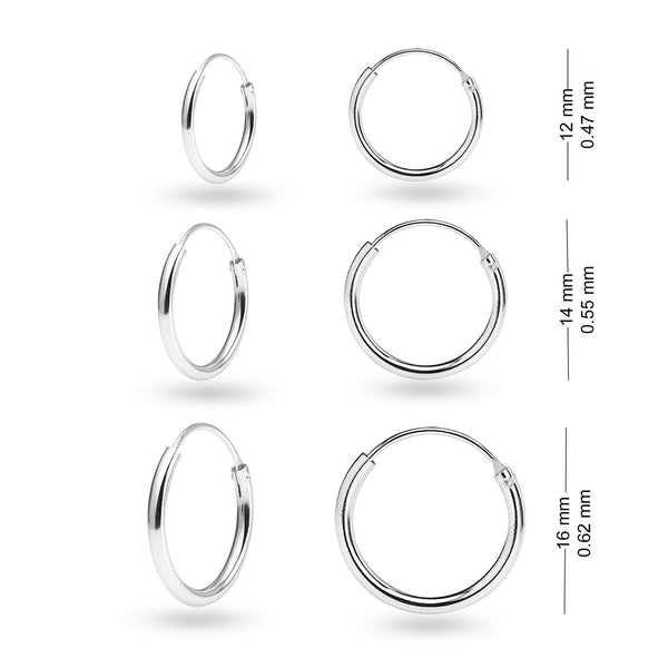 925 Sterling Silver Set of 3 Pairs Endless Hoop Earring for Teen