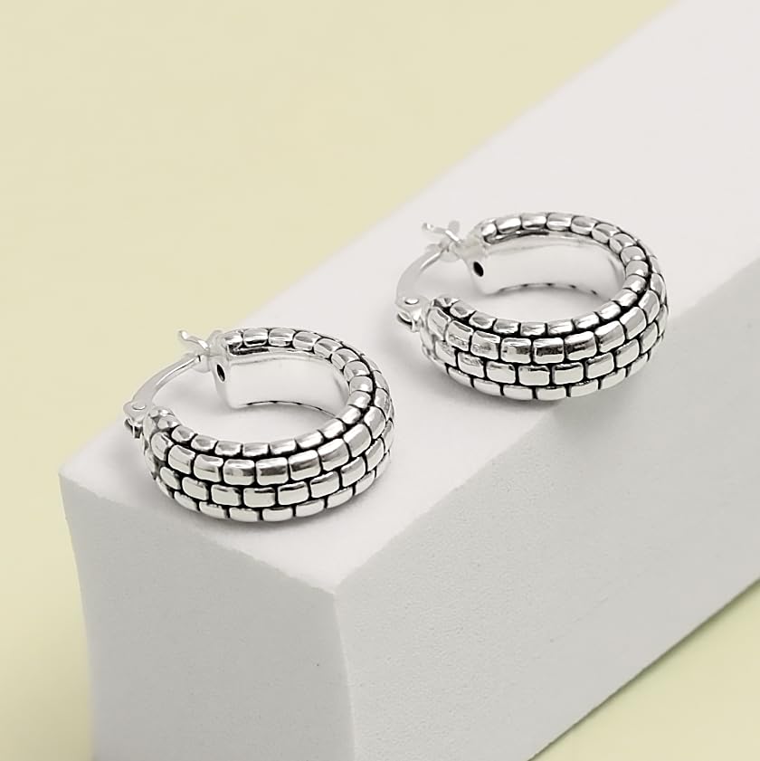 925 Sterling Silver Small Antique Chunky Classic Striped Textured Click-Top Hoop Earrings for Women Teen