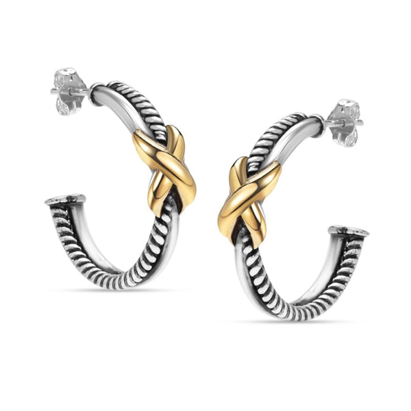 925 Sterling Silver Antique Two-Tone Crossover Hoop Earrings for Women