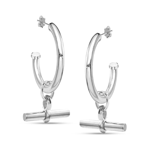 925 Sterling Silver Small T Bar Charm Half Hoop Earrings for Women