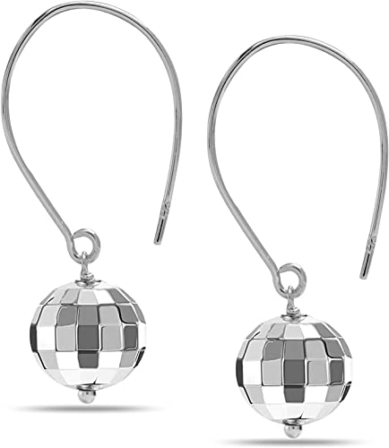 925 Sterling Silver Threader Wire Hammered Mirror Ball Disco Ball Drop Dangle Earring for Women