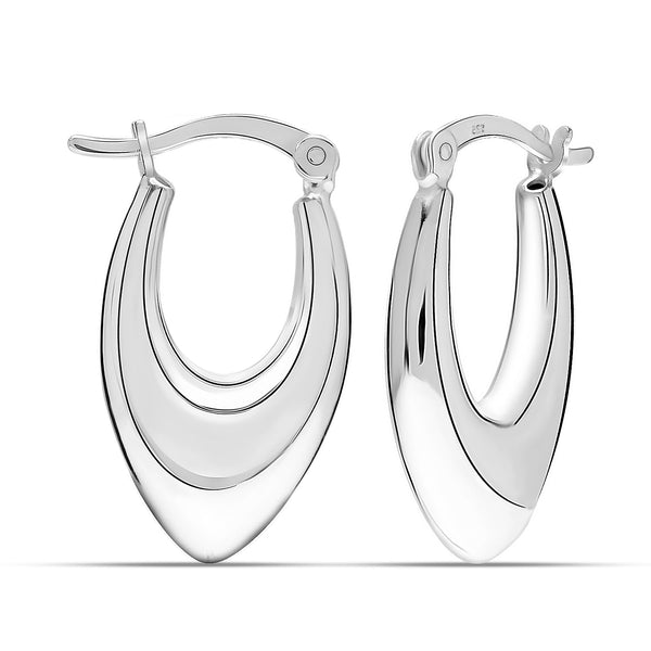 925 Sterling Silver Small Oval Puff V-Shape Vintage Design Plain Click-Top Hoop Earrings for Women