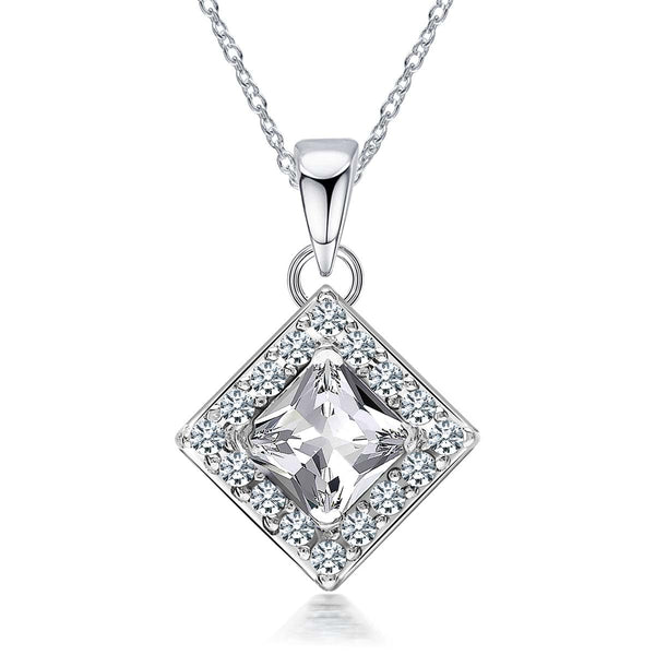 925 Sterling Silver Halo Cubic Zirconia Diamond like Brilliance Sparkling Square Shape Pendant Necklace for Women