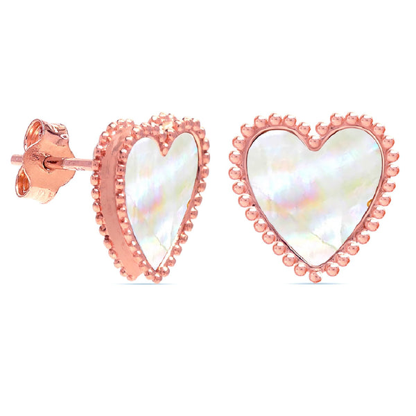 925 Sterling Silver 14K Rose-Gold Plated Mother of Pearl Heart Classic MOP Stud Earrings for Women Teen